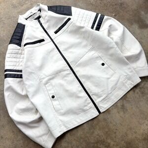 Vintage Y2K Hard Edge Biker Jacket Racing Streetwear White Black XL b3